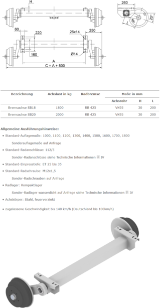 Gummifederachse mit Bremse (1.800 kg-2.000 kg) der Schlegl GmbH