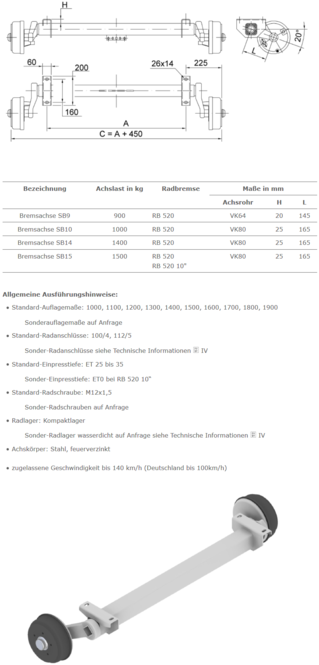 Gummifederachse mit Bremse (900 kg-1.500 kg) der Schlegl GmbH